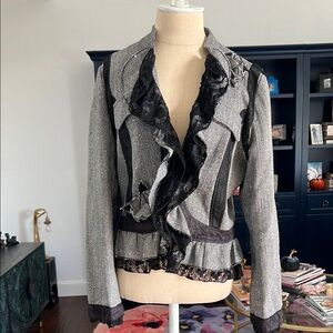 Anthropologie H.E. Tweed metallic black & gray with lace and flowers blazer, L